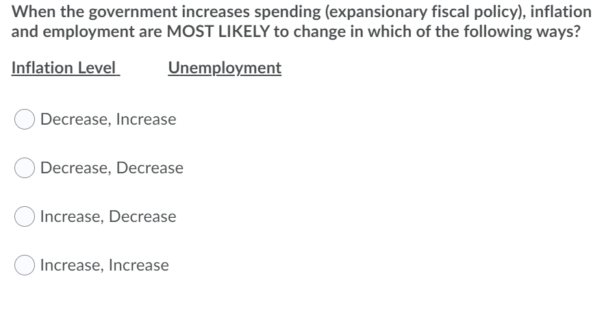 When the government increases spending (expansionary fiscal policy), inflation
and employment are MOST LIKELY to change in which of the following ways?
Inflation Level
Unemployment
Decrease, Increase
Decrease, Decrease
Increase, Decrease
O Increase, Increase
