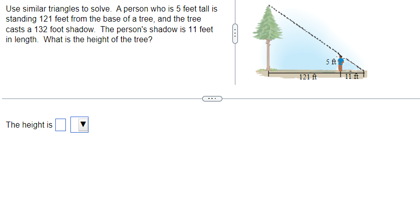 Use similar triangles to solve. A person who is 5 feet tall is
standing 121 feet from the base of a tree, and the tree
casts a 132 foot shadow. The person's shadow is 11 feet
in length. What is the height of the tree?
The height is
(...)
121 ft
5 ft