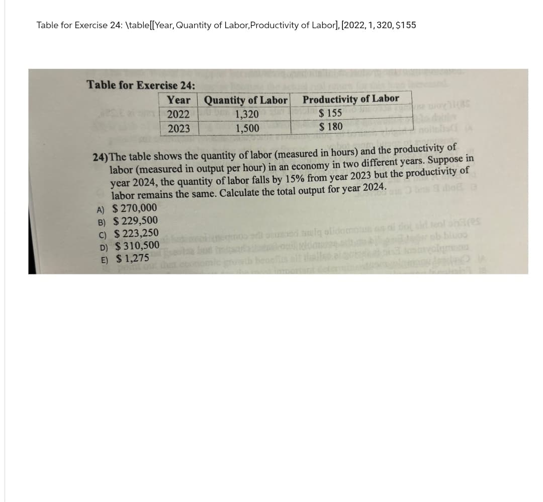 Table for Exercise 24: \table[[Year, Quantity of Labor, Productivity of Labor], [2022, 1, 320, $155
Table for Exercise 24:
Year
2022
2023
Quantity of Labor
1,320
1,500
Productivity of Labor
$155
$ 180
noitelis (A
24) The table shows the quantity of labor (measured in hours) and the productivity of
labor (measured in output per hour) in an economy in two different years. Suppose in
year 2024, the quantity of labor falls by 15% from year 2023 but the productivity of
labor remains the same. Calculate the total output for year 2024.
A) $270,000
B) $229,500
c) $223,250
D) $310,500
neno ad used male slidomotus as i doj aid teolona(es
E) $1,275
Jader ob bluos
int out that economic growth benefits all thellgo.al
important determinandavelamin (A