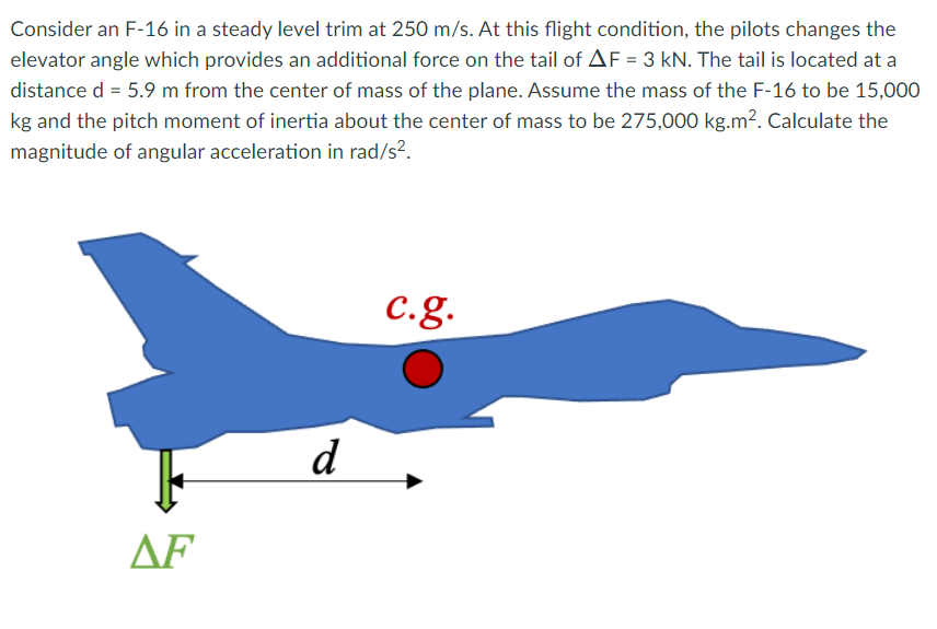 Consider an F-16 in a steady level trim at 250 m/s. At this flight condition, the pilots changes the
elevator angle which provides an additional force on the tail of AF = 3 kN. The tail is located at a
distance d = 5.9 m from the center of mass of the plane. Assume the mass of the F-16 to be 15,000
kg and the pitch moment of inertia about the center of mass to be 275,000 kg.m². Calculate the
magnitude of angular acceleration in rad/s².
c.g.
d
ΔF
