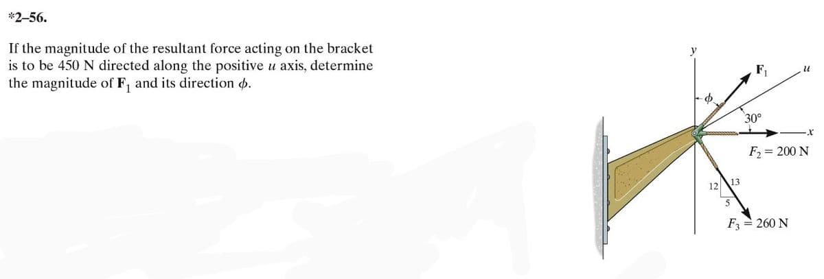 *2-56.
If the magnitude of the resultant force acting on the bracket
is to be 450 N directed along the positive u axis, determine
the magnitude of F₁ and its direction o.
12
13
5
30°
u
F3 = 260 N
X
F₂ = 200 N