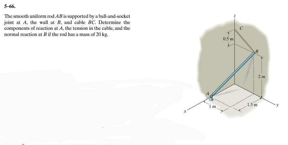 5-66.
The smooth uniform rod AB is supported by a ball-and-socket
joint at A, the wall at B, and cable BC. Determine the
components of reaction at A, the tension in the cable, and the
normal reaction at B if the rod has a mass of 20 kg.
1 m.
0.5 m
C
B
1.5 m
2 m