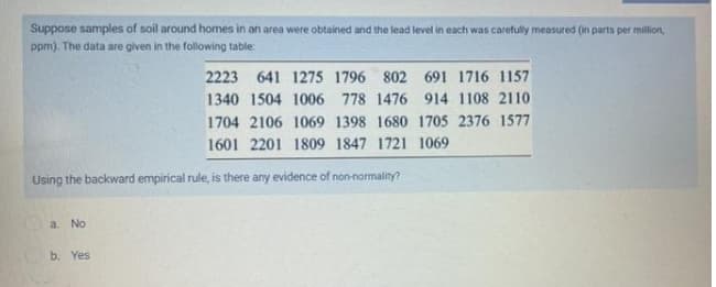 Suppose samples of soil around homes in an area were obtained and the lead levelt in each was carefully measured (in parts per million,
ppm). The data are given in the following table:
2223 641 1275 1796 802 691 1716 1157
1340 1504 1006 778 1476 914 1108 2110
1704 2106 1069 1398 1680 1705 2376 1577
1601 2201 1809 1847 1721 1069
Using the backward empirical rule, is there any evidence of non-normality?
O a. No
b. Yes
