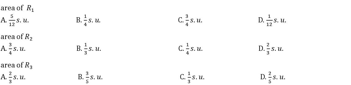 area of R₁
A.S.U.
area of R₂
3
A. s. u.
4
area of R3
A. s. u.
B. s. u.
B. s. u.
3
B. ¾-s. u.
5
C.S. u.
C.-s.u.
C.¹s.u.
D. 125
S. U.
D.s.u.
D. s. u.
5