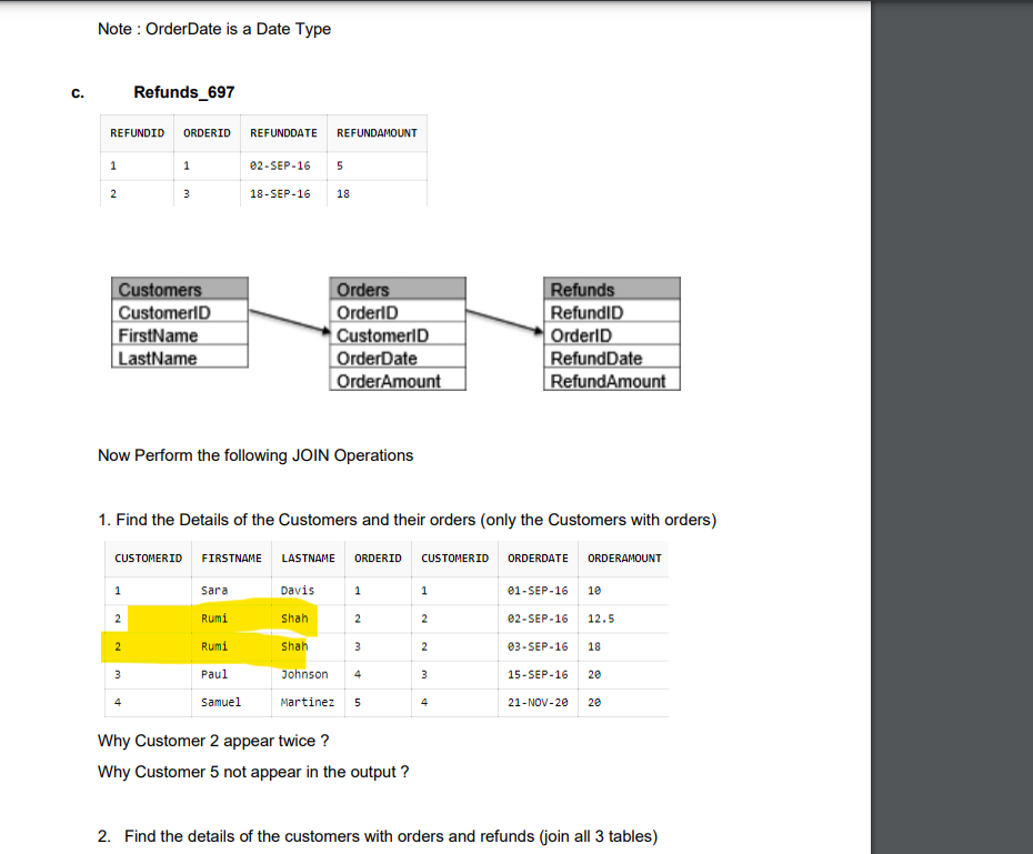 Note : OrderDate is a Date Type
с.
Refunds_697
REFUNDID
ORDERID
REFUNDDATE
REFUNDAMOUNT
1
1
02-SEP-16
5
2
3
18-SEP-16
18
Customers
CustomerID
FirstName
LastName
Orders
OrderID
CustomerID
OrderDate
OrderAmount
Refunds
RefundID
OrderID
RefundDate
RefundAmount
Now Perform the following JOIN Operations
1. Find the Details of the Customers and their orders (only the Customers with orders)
CUSTOMERID FIRSTNAME LASTNAME
ORDERID
CUSTOMERID
ORDERDATE ORDERAMOUNT
Sara
Davis
1
1
01-SEP-16
10
2
Rumi
Shah
2
2
02-SEP-16
12.5
2
Rumi
Shah
3
е3-SEP-16
18
3
Paul
Johnson
4
3
15-SEP-16
20
4
Samuel
Martinez
5
4
21-NOV-20
20
Why Customer 2 appear twice ?
Why Customer 5 not appear in the output ?
2. Find the details of the customers with orders and refunds (join all 3 tables)
