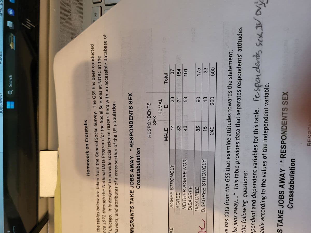 F
unny
KE
Homework on Crosstabs
BOL BHAT THA
the tables below are taken from the General Social Survey. The GSS has been conducted
nce 1972 through the National Data Program for the Social Sciences at NORC at the
of Chicago. It is designed to provide social science researchers with an accessible database of
haviors, and attributes of a cross section of the US population.
MIGRANTS TAKE JOBS AWAY RESPONDENTS SEX
Crosstabulation
3270A 10
AGREE STRONGLY
AGREE
NEITHER AGREE NOR
DISAGREE
DISAGREE
DISAGREE STRONGLY
*
RESPONDENTS
SEX
MALE
JOBS AWAY
85
15
240
14
83
430
FEMAL
E16
RESE
Q Search
23
71
58
90
18
260
S TAKE JOBS AWAY RESPONDENTS SEX
Crosstabulation 226
AGI
Total 160
37
154 MI
101
175
33
500
ve has data from the GSS that examine attitudes towards the statement,
ke jobs away...." This table provides data that separates respondents' attitudes
the following questions:
ependent and dependent variables for this table. respondents sex. IV OVJ
able according to the values of the independent variable.
Inuo
□
ly