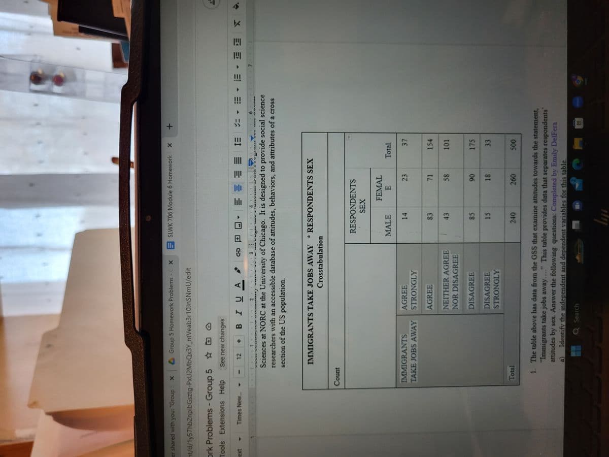 er shared with you: "Group X Group 5 Homework Problems - XSLWK 706 Module 6 Homework X
nt/d/1y57hb2npibGsztg-PxU2MbQx3Y_ntVeab3r10JnSNmU/edit
ork Problems - Group 5
Tools Extensions Help
ext
♥
Times New...
I
See new changes
Count
12
Total
+
**
UA
BIU
IMMIGRANTS
TAKE JOBS AWAY
2
*****y
MASH &
Sciences at NORC at the University of Chicago. It is designed to provide social science
researchers with an accessible database of attitudes, behaviors, and attributes of a cross
section of the US population.
AGREE
STRONGLY
(
IMMIGRANTS TAKE JOBS AWAY RESPONDENTS SEX
Crosstabulation
AGREE
3
DISAGREE
DISAGREE
STRONGLY
NEITHER AGREE
NOR DISAGREE
RESPONDENTS
SEX
MALE
14
83
43
85
15
辦 E I= = -
240
lij
FEMAL
E
23
71
58
90
18
260
Total
37
154
101
175
+
33
500
1. The table above has data from the GSS that examine attitudes towards the statement,
"Immigrants take jobs away...." This table provides data that separates respondents
attitudes by sex. Answer the following questions: Completed by Emily DelFera
a) Identify the independent and dependent variables for this table.
Q Search
=
UNA
X