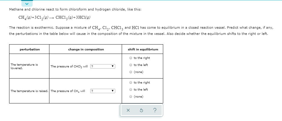 Methane and chlorine react to form chloroform and hydrogen chloride, like this:
CH,(9)+3C1,(9) – CHCI,(g)+3HC1(9)
The reaction is exothermic. Suppose a mixture of CH,, C1,, CHC1, and HC1 has come to equilibrium in a closed reaction vessel. Predict what change, if any,
the perturbations in the table below will cause in the composition of the mixture in the vessel. Also decide whether the equilibrium shifts to the right or left.
perturbation
change in composition
shift in equilibrium
to the right
The temperature is
lowered.
to the left
The pressure of CHCI, will ?
(none)
to the right
to the left
The temperature is raised. The pressure of CH. will
(none)
