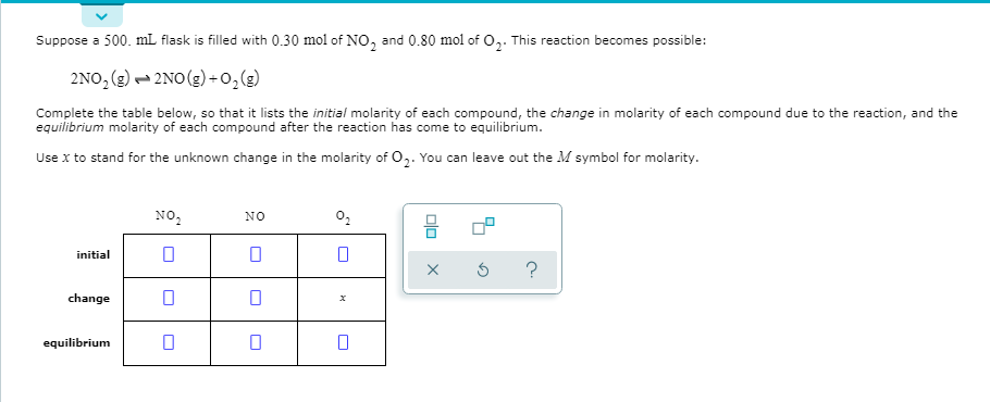 Suppose a 500. mL flask is filled with 0.30 mol of NO, and 0.80 mol of O,. This reaction becomes possible:
2NO, (2) – 2NO(3) + 0,(2)
Complete the table below, so that it lists the initial molarity of each compound, the change in molarity of each compound due to the reaction, and the
equilibrium molarity of each compound after the reaction has come to equilibrium.
Use x to stand for the unknown change in the molarity of 0,. You can leave out the M symbol for molarity.
NO,
NO
initial
change
equilibrium
