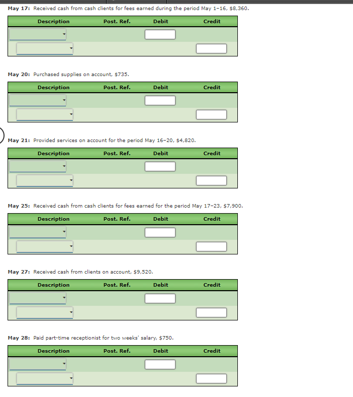 May 17: Received cash from cash clients for fees earned during the period May 1-16, $8,360.
Description
Post. Ref.
Debit
Credit
May 20: Purchased supplies on account, $735.
Description
Post. Ref.
Debit
Credit
May 21: Provided services on account for the period May 16-20, $4,820.
Description
Post. Ref.
Debit
Credit
May 25: Received cash from cash clients for fees earned for the period May 17-23, $7,900.
Description
Post. Ref.
Debit
Credit
May 27: Received cash from clients on account, $9,520.
Description
Post. Ref.
Debit
Credit
May 28: Paid part-time receptionist for two weeks' salary, $750.
Description
Post. Ref.
Debit
Credit
