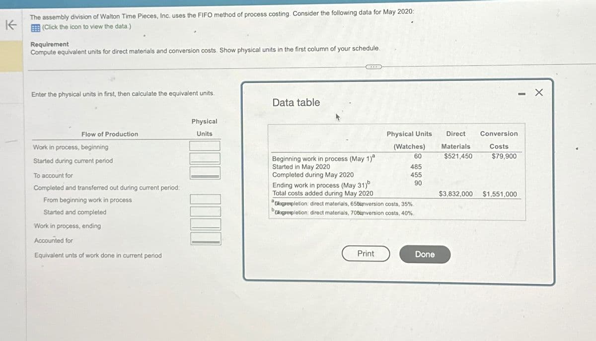K
The assembly division of Walton Time Pieces, Inc. uses the FIFO method of process costing. Consider the following data for May 2020:
(Click the icon to view the data.)
Requirement
Compute equivalent units for direct materials and conversion costs. Show physical units in the first column of your schedule.
Enter the physical units in first, then calculate the equivalent units.
Flow of Production
Work in process, beginning
Started during current period
To account for
Completed and transferred out during current period:
From beginning work in process
Started and completed
Work in process, ending
Accounted for
Equivalent unts of work done in current period
Physical
Units
Data table
Physical Units
(Watches)
60
485
455
90
Beginning work in process (May 1)ª
Started in May 2020
Completed during May 2020
Ending work in process (May 31)
Total costs added during May 2020
Dieguepletion: direct materials, 658anversion costs, 35%.
Degperpletion: direct materials, 708anversion costs, 40%.
Print
Done
Direct
Materials
$521,450
Conversion
Costs
$79,900
$3,832,000 $1,551,000
- X