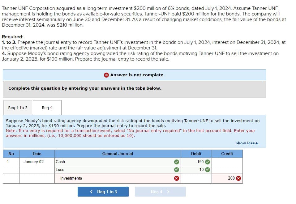 Tanner-UNF Corporation acquired as a long-term investment $200 million of 6% bonds, dated July 1, 2024. Assume Tanner-UNF
management is holding the bonds as available-for-sale securities. Tanner-UNF paid $200 million for the bonds. The company will
receive interest semiannually on June 30 and December 31. As a result of changing market conditions, the fair value of the bonds at
December 31, 2024, was $210 million.
Required:
1. to 3. Prepare the journal entry to record Tanner-UNF's investment in the bonds on July 1, 2024, interest on December 31, 2024, at
the effective (market) rate and the fair value adjustment at December 31.
4. Suppose Moody's bond rating agency downgraded the risk rating of the bonds motiving Tanner-UNF to sell the investment on
January 2, 2025, for $190 million. Prepare the journal entry to record the sale.
Complete this question by entering your answers in the tabs below.
Req 1 to 3
Req 4
Suppose Moody's bond rating agency downgraded the risk rating of the bonds motiving Tanner-UNF to sell the investment on
January 2, 2025, for $190 million. Prepare the journal entry to record the sale.
Note: If no entry is required for a transaction/event, select "No journal entry required" in the first account field. Enter your
answers in millions, (i.e., 10,000,000 should be entered as 10).
No
1
Date
January 02
Answer is not complete.
Cash
Loss
Investments
General Journal
< Req 1 to 3
Req 4 >
Debit
190
10
Credit
200
Show less A