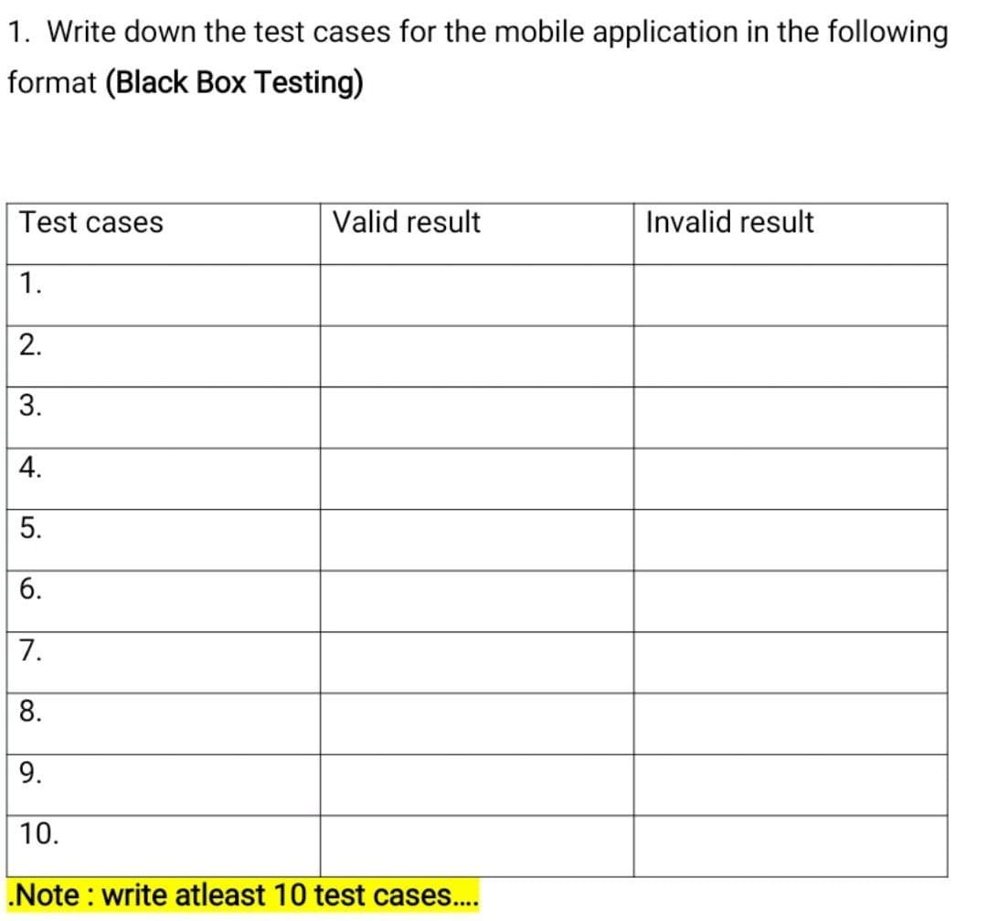 1. Write down the test cases for the mobile application in the following
format (Black Box Testing)
Test cases
Valid result
Invalid result
1.
2.
3.
4.
5.
6.
7.
8.
9.
10.
.Note : write atleast 10 test cases....