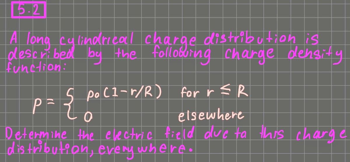 15.2
A long cylindrical charge distribution is
described by the following charge density
function:
P = { po (1-r/R)
for r ≤R
elsewhere
0
Determine the electric field due to this charge
distribution, everywhere.