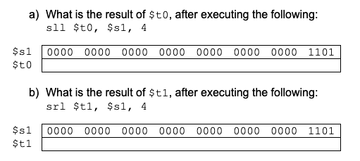 a) What is the result of $t0, after executing the following:
sll $t0, $s1, 4
$s1
0000 0000 0000 0000 0000 0000 0000 1101
$t0
b) What is the result of $t1, after executing the following:
srl $t1, $s1, 4
$s1
0000 0000 0000 0000 0000 0000
0000
1101
$t1
