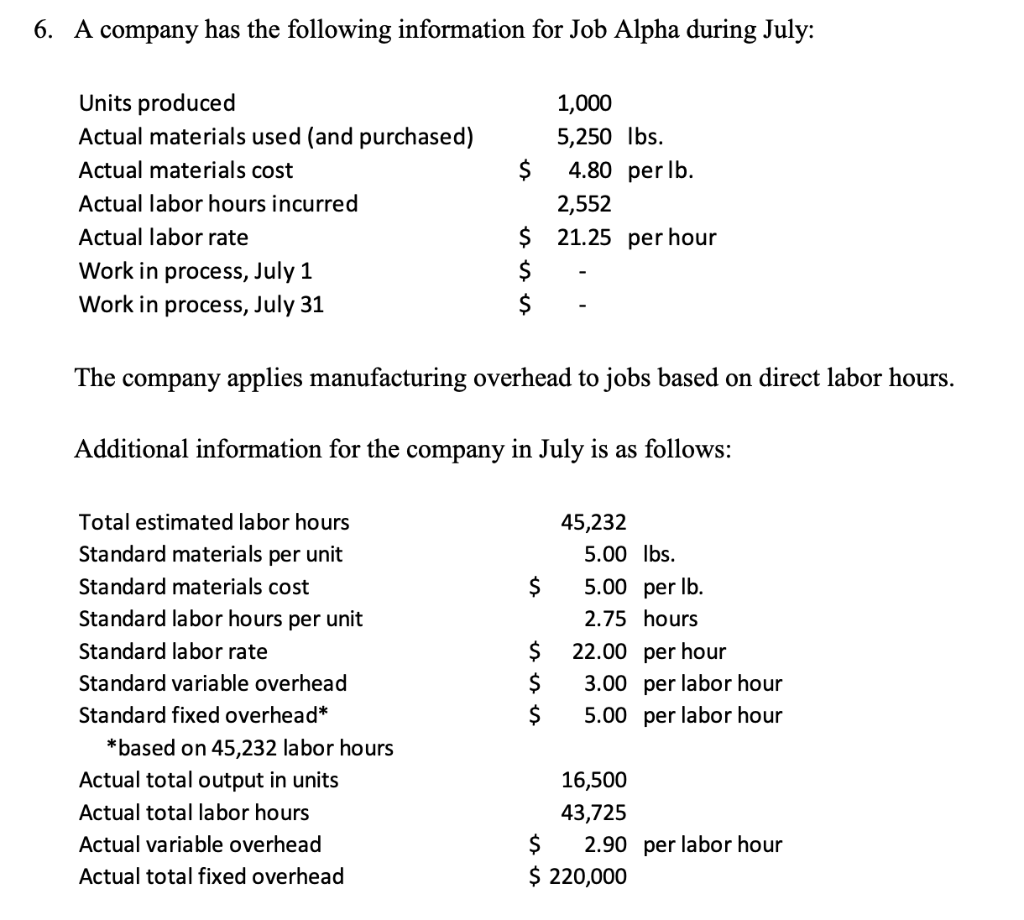 6. A company has the following information for Job Alpha during July:
Units produced
1,000
Actual materials used (and purchased)
$
5,250 Ibs.
Actual materials cost
4.80 per Ib.
Actual labor hours incurred
2,552
Actual labor rate
$ 21.25 per hour
Work in process, July 1
Work in process, July 31
The company applies manufacturing overhead to jobs based on direct labor hours.
Additional information for the company in July is as follows:
Total estimated labor hours
45,232
Standard materials per unit
5.00 Ibs.
Standard materials cost
$
5.00 per Ib.
Standard labor hours per unit
2.75 hours
Standard labor rate
$
22.00 per hour
Standard variable overhead
3.00 per labor hour
Standard fixed overhead*
5.00 per labor hour
*based on 45,232 labor hours
Actual total output in units
16,500
Actual total labor hours
43,725
2.90 per labor hour
$ 220,000
Actual variable overhead
Actual total fixed overhead
