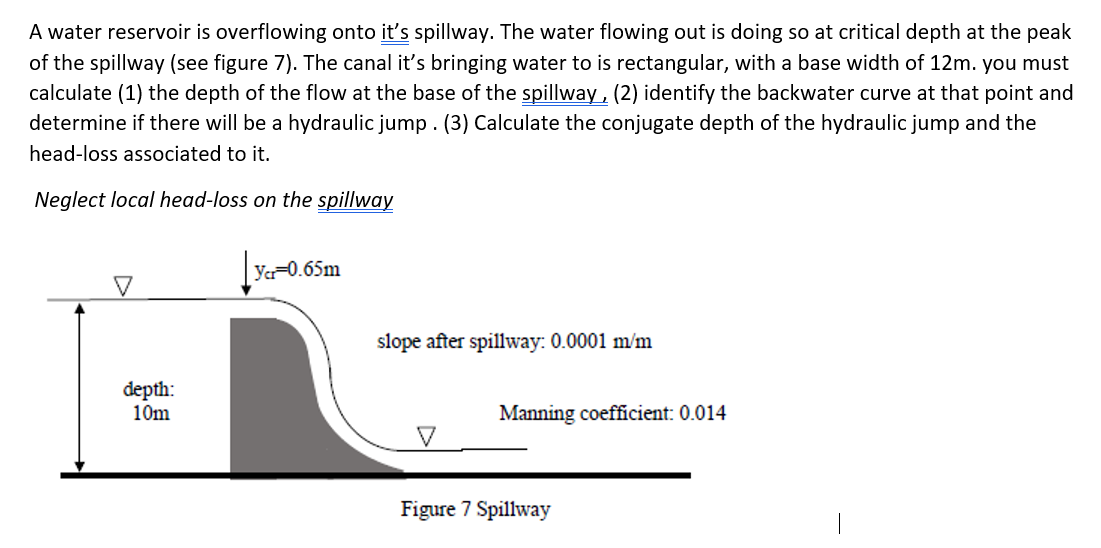 A water reservoir is overflowing onto it's spillway. The water flowing out is doing so at critical depth at the peak
of the spillway (see figure 7). The canal it's bringing water to is rectangular, with a base width of 12m. you must
calculate (1) the depth of the flow at the base of the spillway, (2) identify the backwater curve at that point and
determine if there will be a hydraulic jump. (3) Calculate the conjugate depth of the hydraulic jump and the
head-loss associated to it.
Neglect local head-loss on the spillway
depth:
10m
Ycr=0.65m
slope after spillway: 0.0001 m/m
V
Manning coefficient: 0.014
Figure 7 Spillway