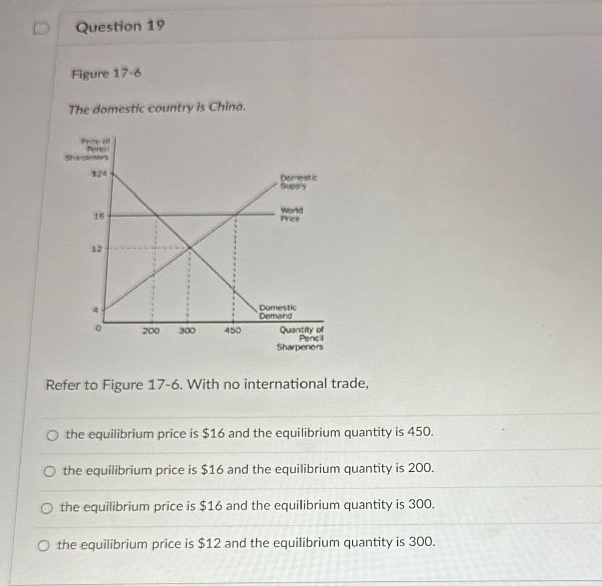 Question 19
Figure 17-6
The domestic country is China.
Price of
Pencil
Sharpeners
$24
Domestic
Supply
World
Price
16
12
200
300
450
Domestic
Demand
Quantity of
Pencil
Sharpeners
Refer to Figure 17-6. With no international trade,
the equilibrium price is $16 and the equilibrium quantity is 450.
O the equilibrium price is $16 and the equilibrium quantity is 200.
O the equilibrium price is $16 and the equilibrium quantity is 300.
O the equilibrium price is $12 and the equilibrium quantity is 300.