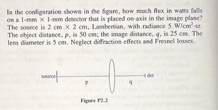 In the configuration shown in the figure, how much flux in watts falls
on a 1-mm x 1-mm detector that is placed on-axis in the image plane?
The source is 2 cm x 2 cm, Lambertian, with radiance 5 W/cm²-sr.
The object distance, p, is 50 cm; the image distance, q, is 25 cm. The
lens diameter is 5 cm. Neglect diffraction effects and Fresnel losses.
source
P
Figure P2.2
9
det