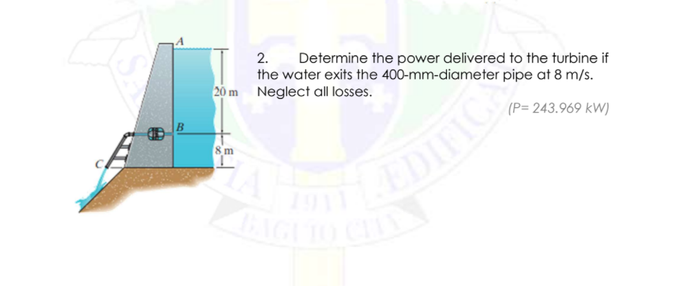 the water exits the 400-mm-diameter pipe at 8 m/s.
Neglect all losses.
2.
Determine the power delivered to the turbine if
20 m
(P= 243.969 kW)
8 m
EDIFIC
1911
