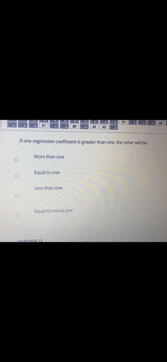 12
16
27
30
33
If one regression coefficient is greater than one, the other will be:
More than one
Equal to one
Less than one
Equal to minus one
QUESTION 13
