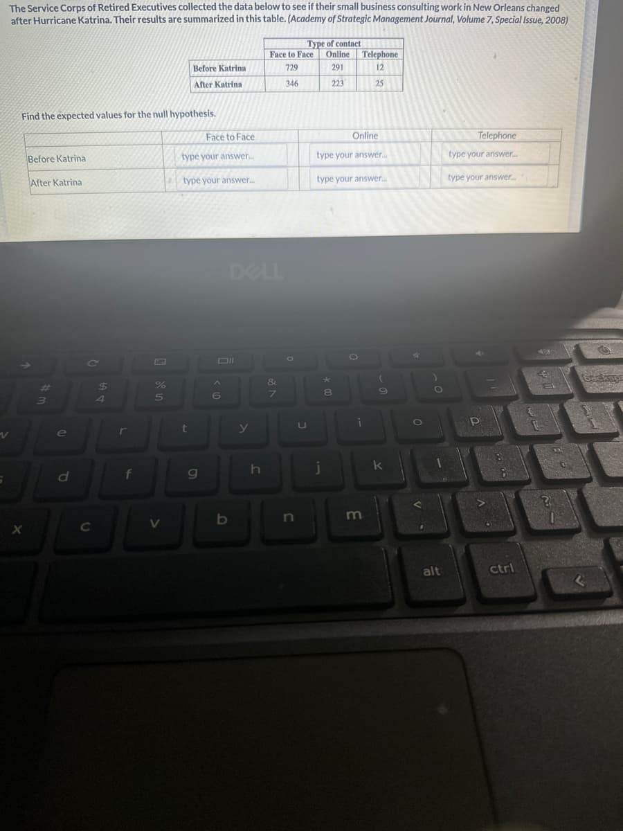 v
The Service Corps of Retired Executives collected the data below to see if their small business consulting work in New Orleans changed
after Hurricane Katrina. Their results are summarized in this table. (Academy of Strategic Management Journal, Volume 7, Special Issue, 2008)
Find the expected values for the null hypothesis.
X
Before Katrina
After Katrina
#
3
e
d
C
C
$
At
4
f
%
5
V
Before Katrina
After Katrina
Face to Face
type your answer....
type your answer.....
t
g
Oll
A
DELL
b
y
h
Face to Face
729
346
&
7
O
Type of contact
Online
Online
291
223
n
u
Online
type your answer...
type your answer....
j
*
8
Telephone
12
25
i
m
(
9
k
4
O
V
O
alt
Telephone
type your answer.....
type your answer....
P
ctrl
?
backsp