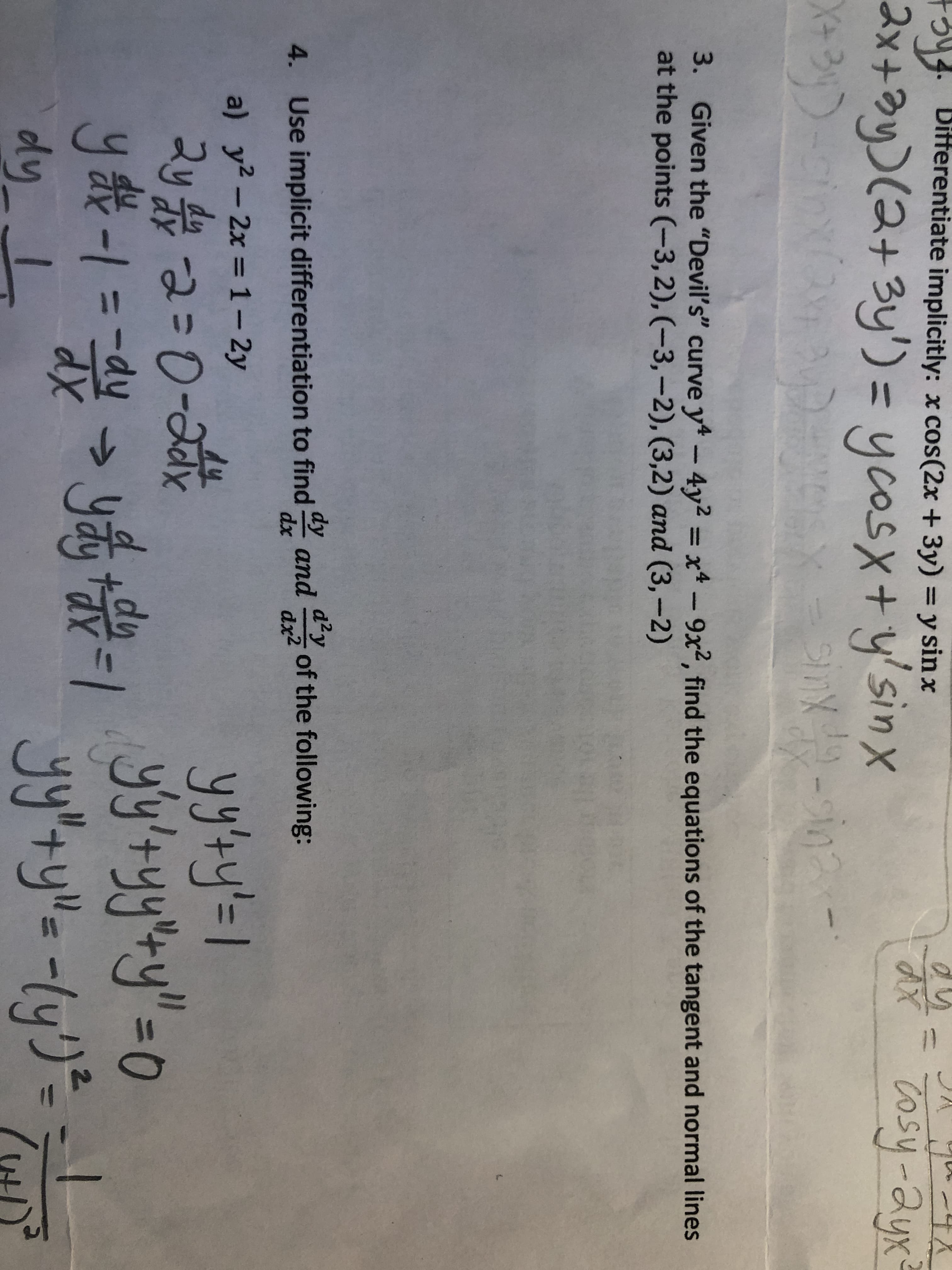 3. Given the "Devil's" curve y-4y2 = x-9x2, find the equations of the tangent and normal lines
at the points (-3,2), (-3,-2), (3,2) and (3,–2)
%3D
