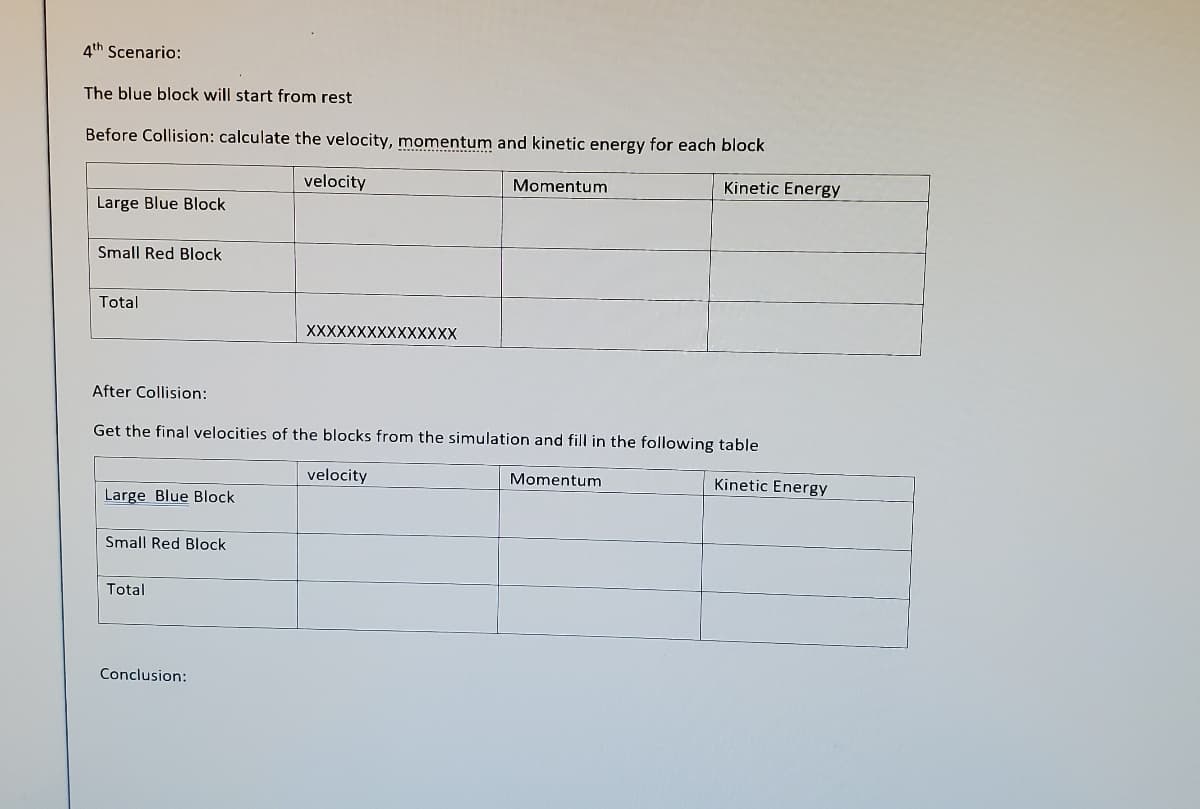 4th Scenario:
The blue block will start from rest
Before Collision: calculate the velocity, momentum and kinetic energy for each block
velocity
Momentum
Kinetic Energy
Large Blue Block
Small Red Block
Total
XXXXXXXXXXXXXXX
After Collision:
Get the final velocities of the blocks from the simulation and fill in the following table
velocity
Momentum
Kinetic Energy
Large Blue Block
Small Red Block
Total
Conclusion:
