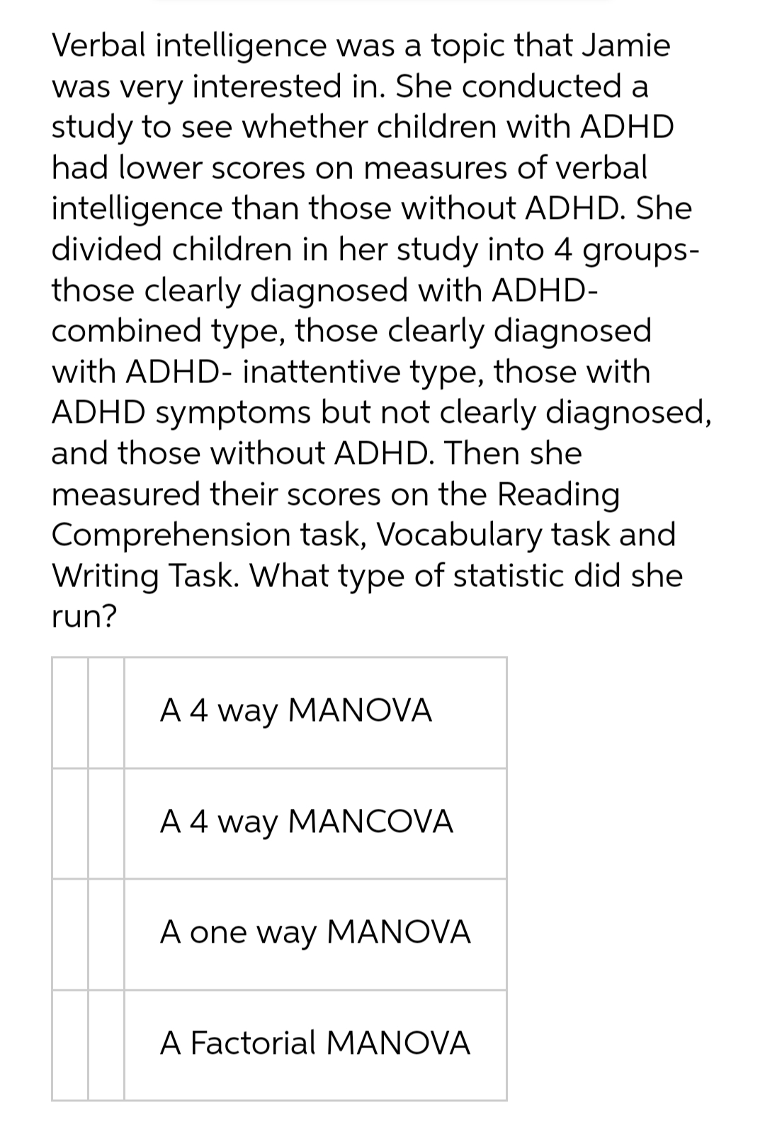 Verbal intelligence was a topic that Jamie
was very interested in. She conducted a
study to see whether children with ADHD
had lower scores on measures of verbal
intelligence than those without ADHD. She
divided children in her study into 4 groups-
those clearly diagnosed with ADHD-
combined type, those clearly diagnosed
with ADHD- inattentive type, those with
ADHD symptoms but not clearly diagnosed,
and those without ADHD. Then she
measured their scores on the Reading
Comprehension task, Vocabulary task and
Writing Task. What type of statistic did she
run?
A 4 way MANOVA
A 4 way MANCOVA
A one way MANOVA
A Factorial MANOVA
