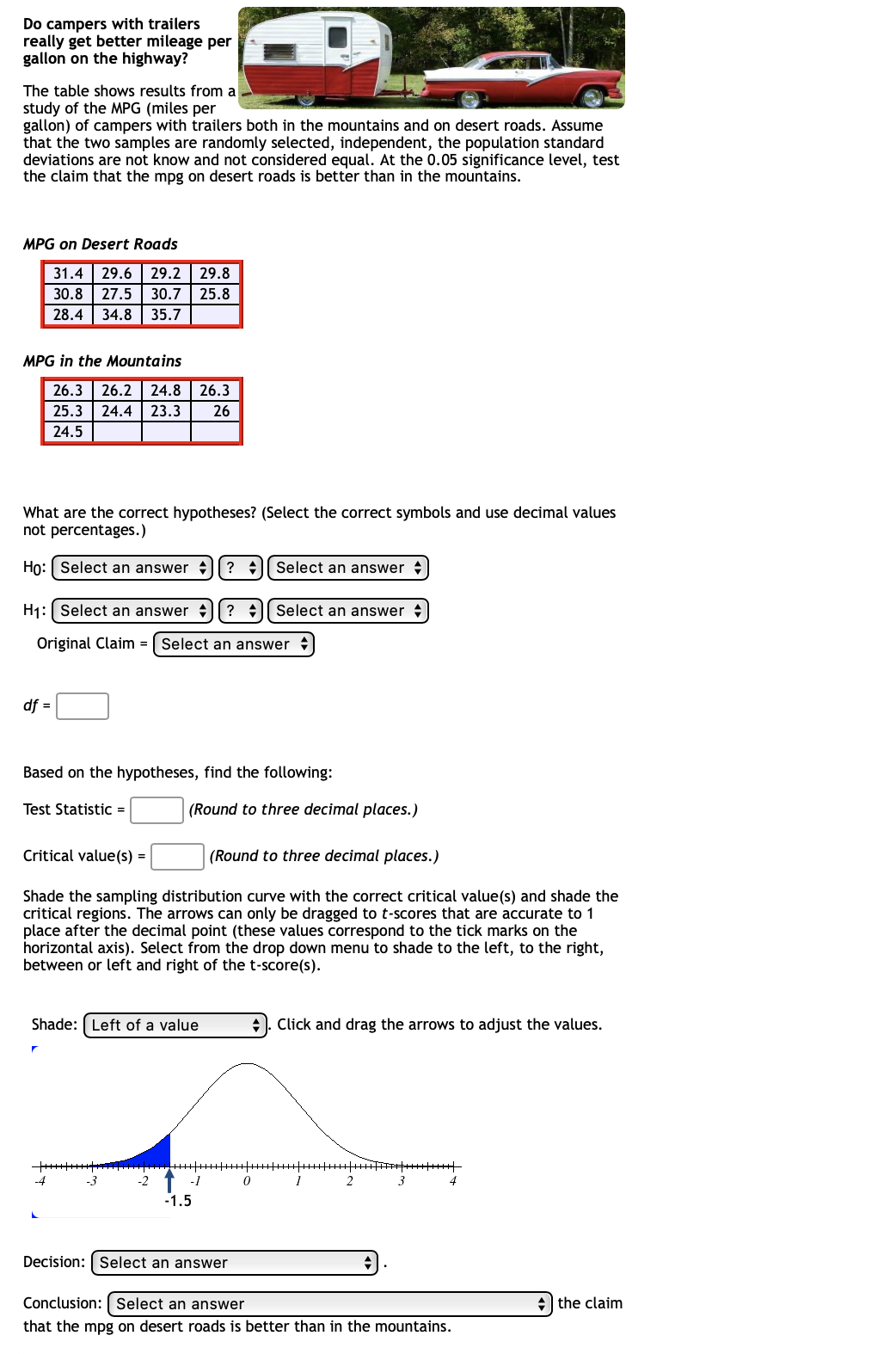 ### Do campers with trailers really get better mileage per gallon on the highway?

The table shows results from a study of the MPG (miles per gallon) of campers with trailers both in the mountains and on desert roads. Assume that the two samples are randomly selected, independent, the population standard deviations are not known and not considered equal. At the 0.05 significance level, test the claim that the mpg on desert roads is better than in the mountains.

#### MPG on Desert Roads
```
31.4  29.6  29.2  29.8
30.8  27.5  30.7  25.8
28.4  34.8  35.7
```

#### MPG in the Mountains
```
26.3  26.2  24.8  26.3
25.3  24.4  23.3  26.0
24.5
```

### Hypotheses:
What are the correct hypotheses? (Select the correct symbols and use decimal values, not percentages.)

- \( H_0 \) (Null Hypothesis): \( \mu_D \) (Desert) Select an answer \( \le = \ge \neq \) \( \mu_M \) (Mountains)
- \( H_1 \) (Alternative Hypothesis): \( \mu_D \) (Desert) Select an answer \( \le = \ge \neq \) \( \mu_M \) (Mountains)
- Original Claim: Select an answer \( H_0 \) \( H_1 \)

\( df = \quad \)

### Calculations:
Based on the hypotheses, find the following:
- Test Statistic = \_\_\_\_ (Round to three decimal places.)
- Critical value(s) = \_\_\_\_ (Round to three decimal places.)

### Sampling Distribution Curve:
Shade the sampling distribution curve with the correct critical value(s) and shade the critical regions. The arrows can only be dragged to t-scores that are accurate to 1 place after the decimal point (these values correspond to the tick marks on the horizontal axis). Select from the drop-down menu to shade to the left, to the right, between or left and right of the t-score(s).

- Shade: \( \text{Select an answer} \boxed{\text{Left of a value}} \boxed