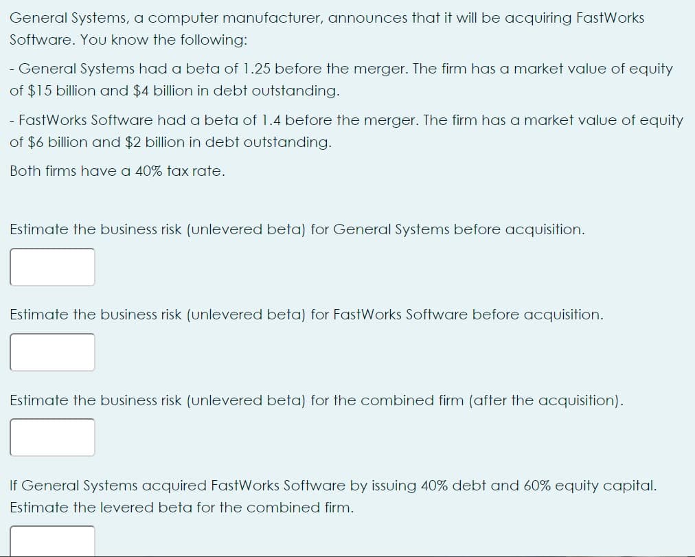 General Systems, a computer manufacturer, announces that it will be acquiring FastWorks
Software. You know the following:
- General Systems had a beta of 1.25 before the merger. The firm has a market value of equity
of $15 billion and $4 billion in debt outstanding.
- FastWorks Software had a beta of 1.4 before the merger. The firm has a market value of equity
of $6 billion and $2 billion in debt outstanding.
Both firms have a 40% tax rate.
Estimate the business risk (unlevered beta) for General Systems before acquisition.
Estimate the business risk (unlevered beta) for FastWorks Software before acquisition.
Estimate the business risk (unlevered beta) for the combined firm (after the acquisition).
If General Systems acquired FastWorks Software by issuing 40% debt and 60% equity capital.
Estimate the levered beta for the combined firm.