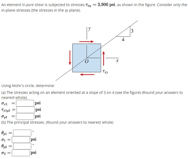 An element in pure shear is subjected to stresses Tgy = 3,900 psi, as shown in the figure. Consider only the
in-plane stresses (the stresses in the xy plane).
4
Txy
Using Mohr's circle, determine:
(a) The stresses acting on an element oriented at a slope of 3 on 4 (see the figure) (Round your answers to
nearest whole).
psi
psi
psi
Oz1 =
Tzlyl
Oyl
%3D
(b) The principal stresses. (Round your answers to nearest whole)
Op1
%3D
01 =
psi
02 =
psi
3,
