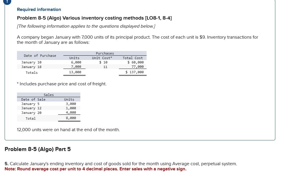 Required information
Problem 8-5 (Algo) Various inventory costing methods [LO8-1, 8-4]
[The following information applies to the questions displayed below.]
A company began January with 7,000 units of its principal product. The cost of each unit is $9. Inventory transactions for
the month of January are as follows:
Date of Purchase
January 10
January 18.
Totals
Sales
Units
Date of Sale
January 5
January 12
January 20
Total
6,000
7,000
13,000
* Includes purchase price and cost of freight.
Units
3,000
1,000
4,000
8,000
Purchases
Unit Cost*
$ 10
11
12,000 units were on hand at the end of the month.
Problem 8-5 (Algo) Part 5
Total Cost
$ 60,000
77,000
$ 137,000
5. Calculate January's ending inventory and cost of goods sold for the month using Average cost, perpetual system.
Note: Round average cost per unit to 4 decimal places. Enter sales with a negative sign.