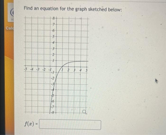 H
Cale
Find an equation for the graph sketched below:
-5-4-3-2
f(x) =
84
7
36
5
3
2
my
72
-2
-7
-8
2 3 4 5
d