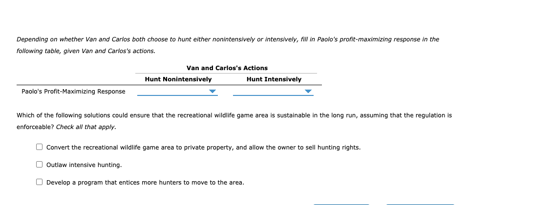 Depending on whether Van and Carlos both choose to hunt either nonintensively or intensively, fill in Paolo's profit-maximizing response in the
following table, given Van and Carlos's actions.
Van and Carlos's Actions
Hunt Nonintensively
Hunt Intensively
Paolo's Profit-Maximizing Response
Which of the following solutions could ensure that the recreational wildlife game area is sustainable in the long run, assuming that the regulation is
enforceable? Check all that apply.
O Convert the recreational wildlife game area to private property, and allow the owner to sell hunting rights.
Outlaw intensive hunting.
O Develop a program that entices more hunters to move to the area.
O O O
