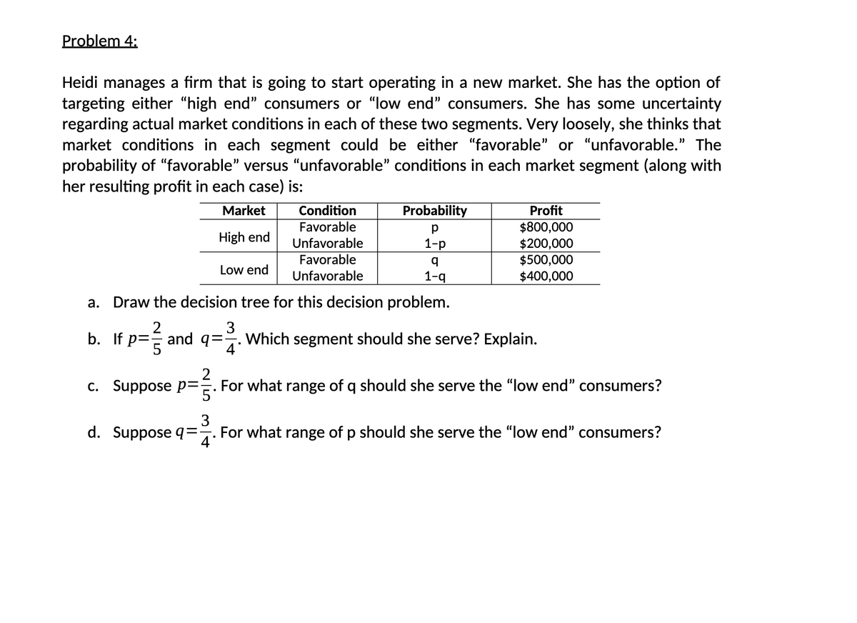 Problem 4:
Heidi manages a firm that is going to start operating in a new market. She has the option of
targeting either "high end" consumers or "low end" consumers. She has some uncertainty
regarding actual market conditions in each of these two segments. Very loosely, she thinks that
market conditions in each segment could be either "favorable" or "unfavorable." The
probability of "favorable" versus "unfavorable" conditions in each market segment (along with
her resulting profit in each case) is:
Market
High end
Low end
3
b. If p= and q=
=/²/²
4
q
1-q
a. Draw the decision tree for this decision problem.
Condition
Favorable
Unfavorable
Favorable
Unfavorable
c. Suppose p=
Probability
р
1-p
d. Suppose q=
Profit
$800,000
$200,000
$500,000
$400,000
p=²/1.f
For what range of q should she serve the "low end" consumers?
Which segment should she serve? Explain.
3
For what range of p should she serve the "low end" consumers?
4