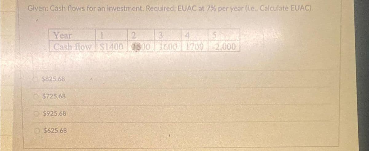 Given: Cash flows for an investment. Required: EUAC at 7% per year (i.e., Calculate EUAC).
Year
1
2
3
Cash flow $1400 500 1600
$825.68
$725.68
$925.68
$625.68
4
5
1700 -2.000