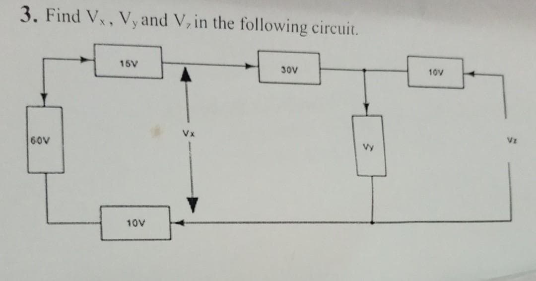 3. Find Vx, Vy and V, in the following circuit.
15V
30V
10V
60V
VE
Vy
10V
