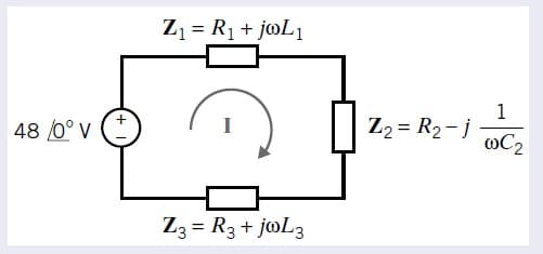 48/0° V
Z₁ = R₁ + joL1
Z3 = R3 + joL3
1
Z2 = R₂-j
WC2