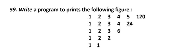 59. Write a program to prints the following figure :
1 2 3 4 5
1 2
1 2
120
3
4 24
3
1
2
2
1 1
