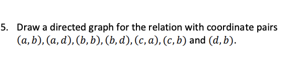 5. Draw a directed graph for the relation with coordinate pairs
(a, b), (a, d), (b, b), (b, d), (c, a), (c, b) and (d, b).
