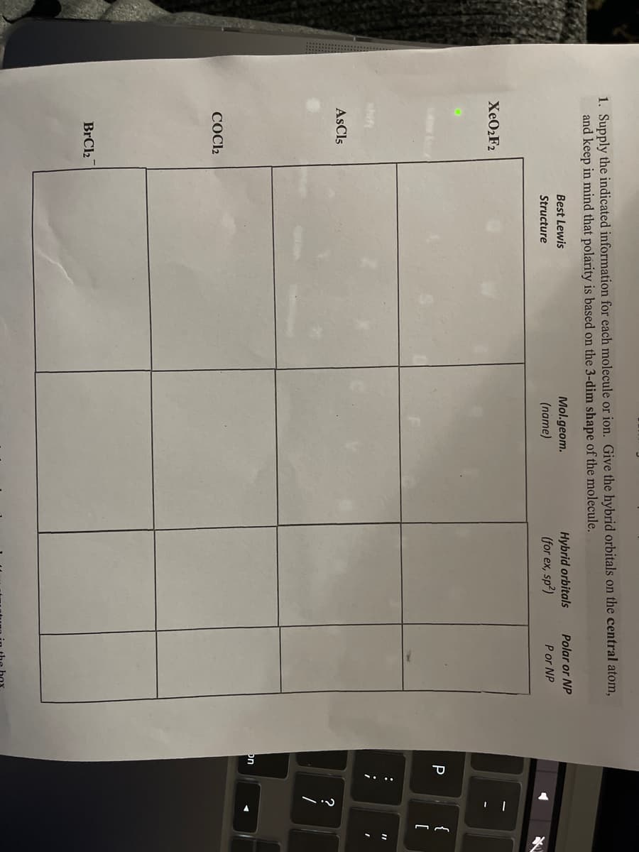 .. ..
1. Supply the indicated information for each molecule or ion. Give the hybrid orbitals on the central atom,
and keep in mind that polarity is based on the 3-dim shape of the molecule.
Hybrid orbitals
(for ex, sp?)
Polar or NP
Mol.geom.
(name)
Best Lewis
Structure
Por NP
XeO2F2
{
shift
AsCls
on
COCl2
BrCl2
