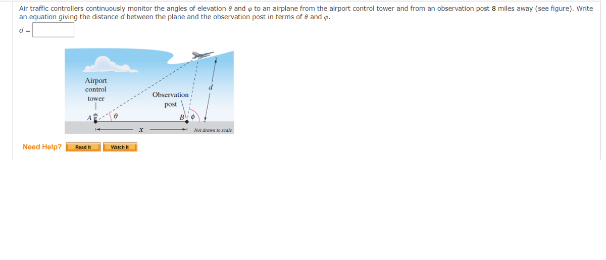 Air traffic controllers continuously monitor the angles of elevation and to an airplane from the airport control tower and from an observation post 8 miles away (see figure). Write
an equation giving the distance d between the plane and the observation post in terms of 0 and p.
d =
Airport
control
tower
Need Help? Read It
Watch It
Observation
post
BO
Not drawn to scale