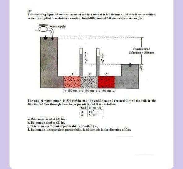 Q3
The tollowing figure shows the layers of soil in a tube that is 100 mm × 100 mm in cross-section.
Water is supplied to maintain a constant head difference of 300 mm across the sample.
Water supply
-150 mm 150 mm 150 mm
The rate of water supply is 500 cm³/hr and the coefficients of permeability of the soils in the
direction of flow through them for segments A and B are as follows:
Soil k (cm/sec)
A
B
Constant head
difference = 300 mm
10
5×10
a. Determine head at (A) ha.
b. Determine head at (B) ha.
c. Determine coefficient of permeability of soil (C) kc.
d. Determine the equivalent permeability k, of the soils in the direction of flow