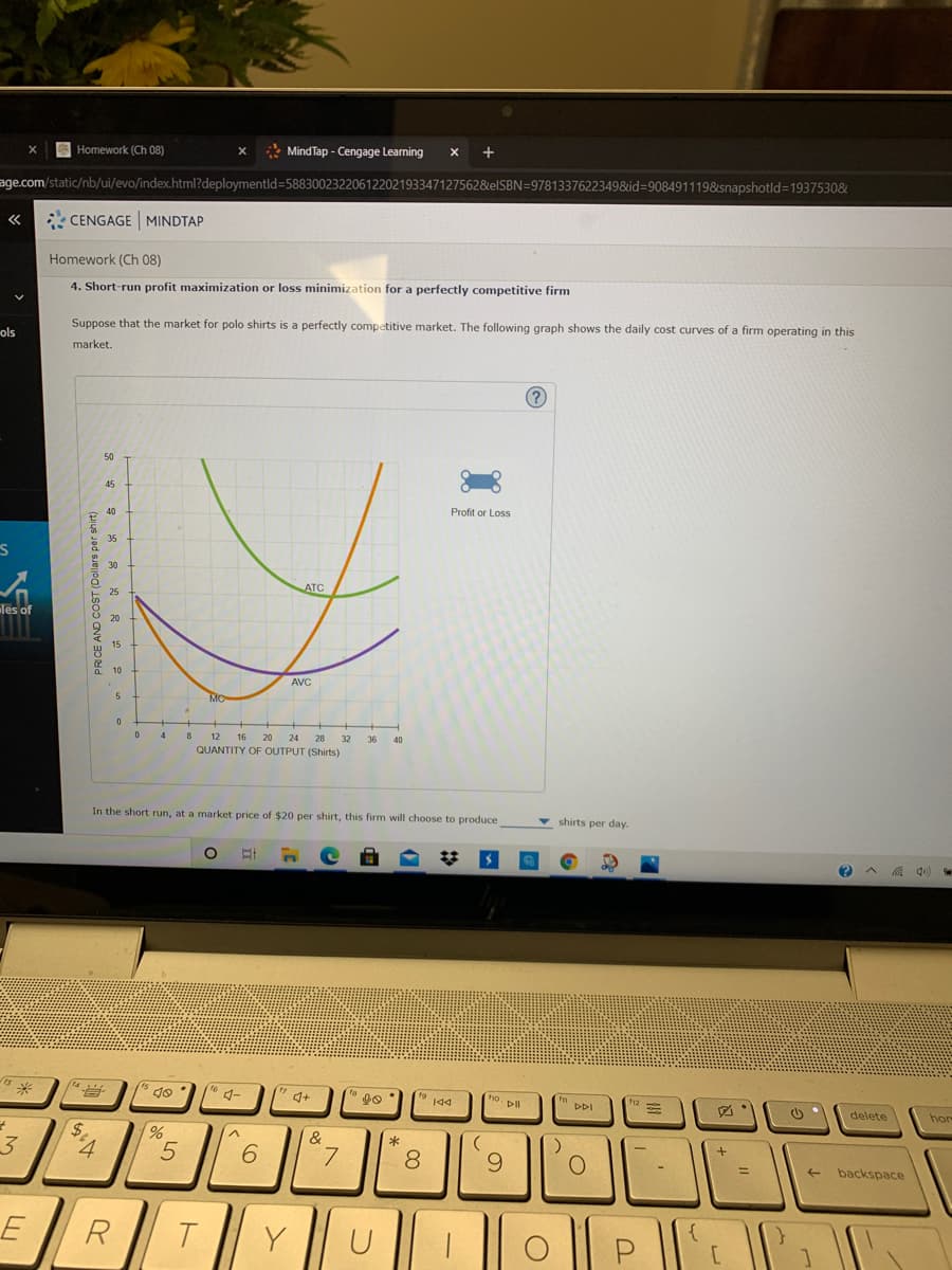 Homework (Ch 08)
* MindTap - Cengage Learning
age.com/static/nb/ui/evo/index.html?deploymentld=58830023220612202193347127562&elSBN=9781337622349&id=9084911198&snapshotld=1937530&
«
* CENGAGE MINDTAP
Homework (Ch 08)
4. Short-run profit maximization or loss minimization for a perfectly competitive firm
Suppose that the market for polo shirts is a perfectly competitive market. The following graph shows the daily cost curves of a firm operating in this
ols
market.
(?)
50
45
40
Profit or Loss
35
30
ATC
25
les of
20
15
10
AVC
5
MC
4
12
16
20
24
28
32 36
40
QUANTITY OF OUTPUT (Shirts)
In the short run, at a market price of $20 per shirt, this firm will choose to produce
shirts per day.
ヘ
s do
19 144
ho. Pl
DII
DDI
f12
区。
delete
hon
$.
&
3
*
6.
7.
8.
9.
%3D
backspace
R
P.
PRCE AND COST (Dollars per shirt)
