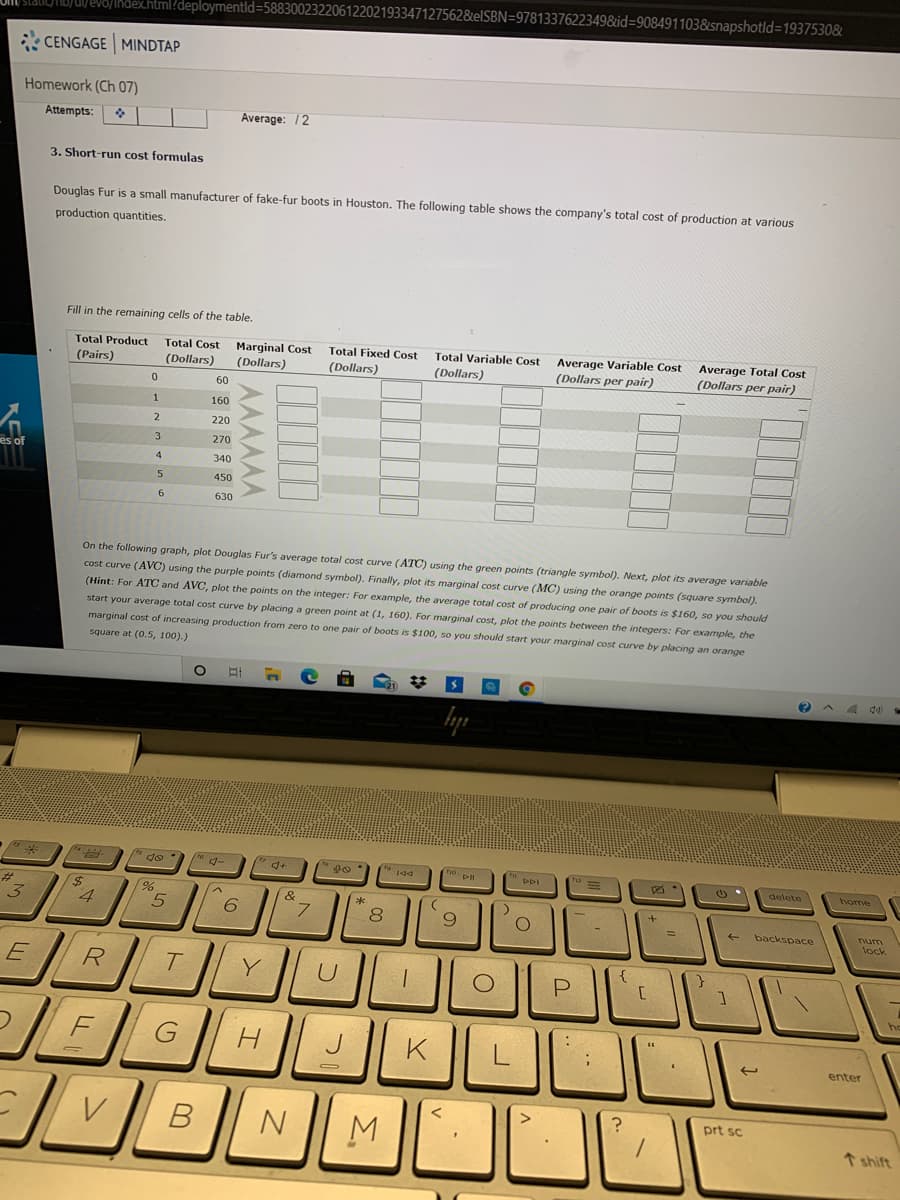 JEV8/Ikdexhtml?deploymentld=58830023220612202193347127562&elSBN=9781337622349&id=908491103&snapshotld=1937530&
CENGAGE MINDTAP
Homework (Ch 07)
Attempts:
Average: /2
3. Short-run cost formulas
Douglas Fur is a small manufacturer of fake-fur boots in Houston. The following table shows the company's total cost of production at various
production quantities.
Fill in the remaining cells of the table.
Total Product
Total Cost
Marginal Cost
(Dollars)
Total Fixed Cost
Total Variable Cost
Average Variable Cost
(Dollars per pair)
Average Total Cost
(Dollars per pair)
(Pairs)
(Dollars)
(Dollars)
(Dollars)
60
160
220
3.
270
es of
4.
340
450
630
On the following graph, plot Douglas Fur's average total cost curve (ATC) using the green points (triangle symbol). Next, plot its average variable
cost curve (AVC) using the purple points (diamond symbol). Finally, plot its marginal cost curve (MC) using the orange points (square symbol).
(Hint: For ATC and AVC, plot the points on the integer: For example, the average total cost of producing one pair of boots is $160, so you should
start your average total cost curve by placing a green point at (1, 160). For marginal cost, plot the points between the integers: For example, the
marginal cost of increasing production from zero to one pair of boots is $100, so you should start your marginal cost curve by placing an orange
square at (0.5, 100).)
*
5 do
tho pl
DDI
delete
home
%23
4
8
num
lock
backspace
R.
Y
G
K
enter
prt sc
N
↑ shift
AMAAAA
B.
