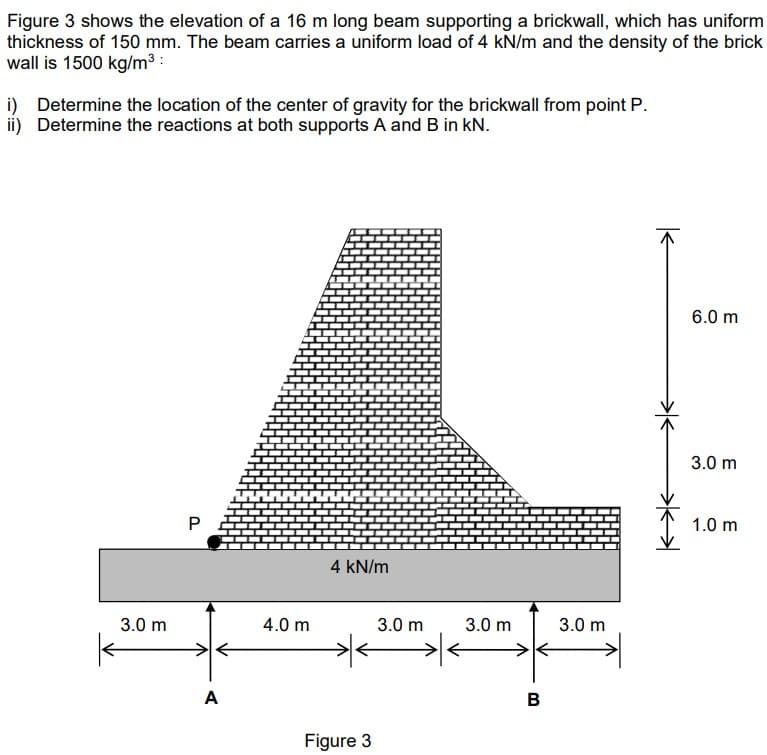 Figure 3 shows the elevation of a 16 m long beam supporting a brickwall, which has uniform
thickness of 150 mm. The beam carries a uniform load of 4 kN/m and the density of the brick
wall is 1500 kg/m3 :
i) Determine the location of the center of gravity for the brickwall from point P.
ii) Determine the reactions at both supports A and B in kN.
6.0 m
3.0 m
1.0 m
4 kN/m
3.0 m
4.0 m
3.0 m
3.0 m
3.0 m
A
B
Figure 3
P.
