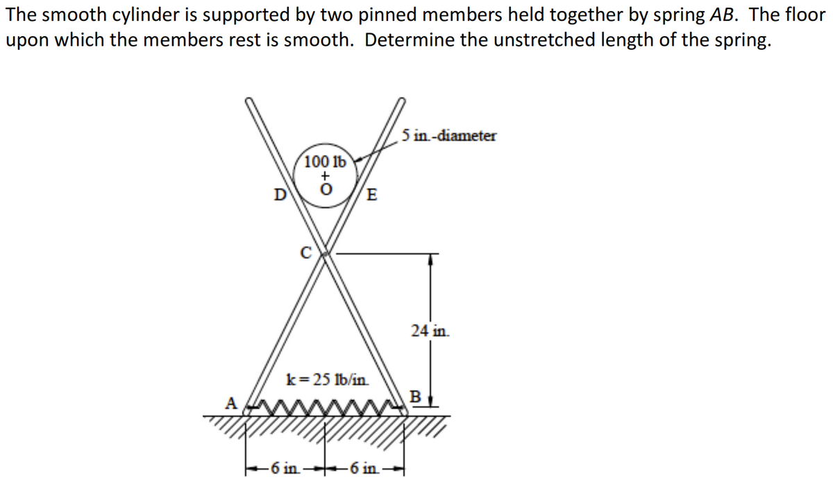 The smooth cylinder is supported by two pinned members held together by spring AB. The floor
upon which the members rest is smooth. Determine the unstretched length of the spring.
D
100 lb
8+0
E
5 in.-diameter
24 in.
k=25 lb/in
B
A
-6 in 6 in-