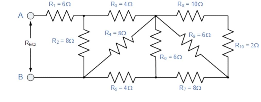 R1 = 62
R3 = 40
Rg = 102
A
R4 = 82
R9 = 62
REQ
R2 = 82
R10 = 20
Re = 62
R5 = 42
R7 = 82
