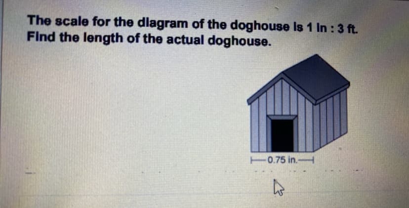 The scale for the dlagram of the doghouse Is 1 In : 3 ft.
Find the length of the actual doghouse.
0.75 in.-

